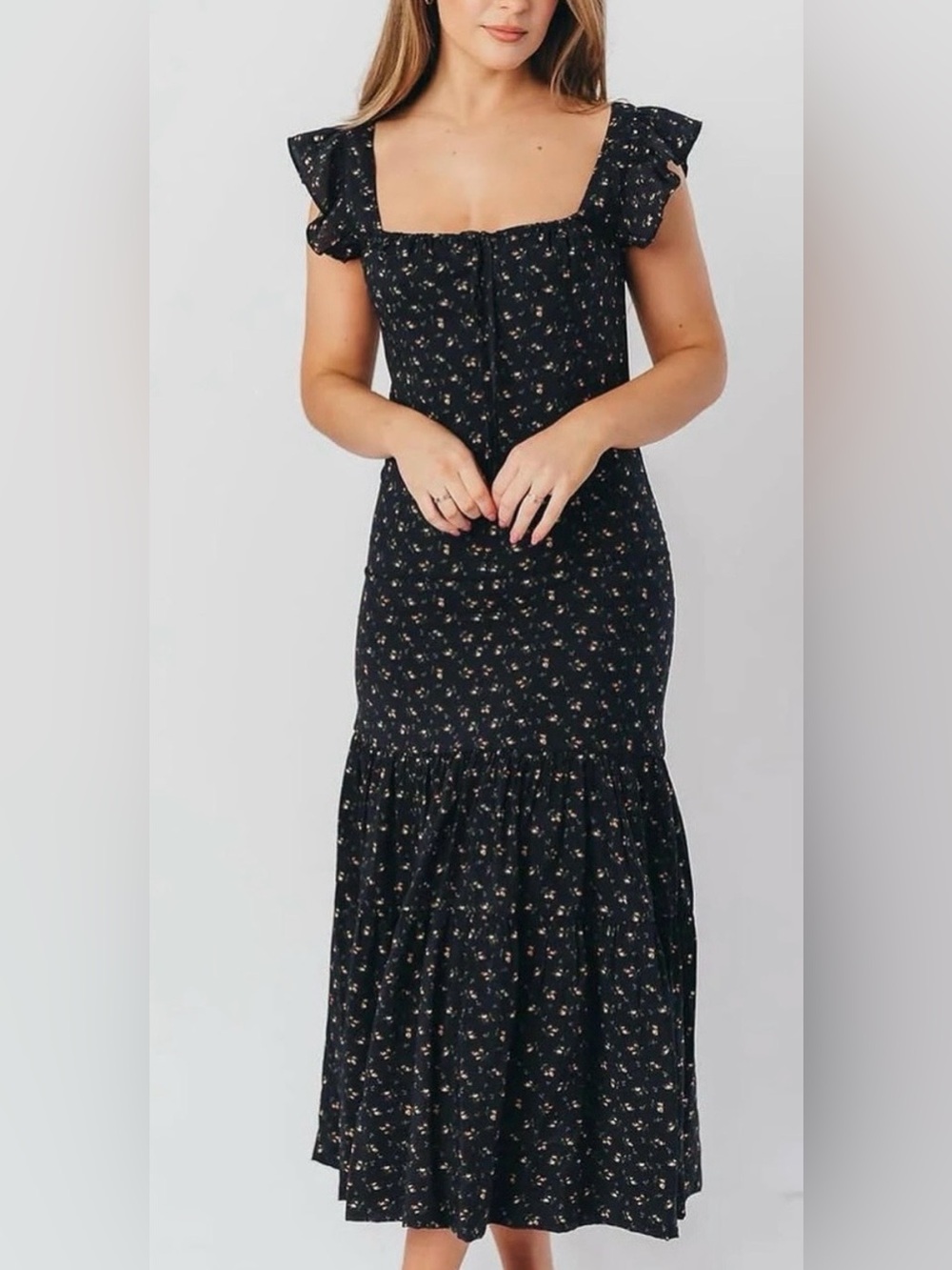 Navy Blue Floral Square-Neck Maxi Dress with Ruffle Cap Sleeves